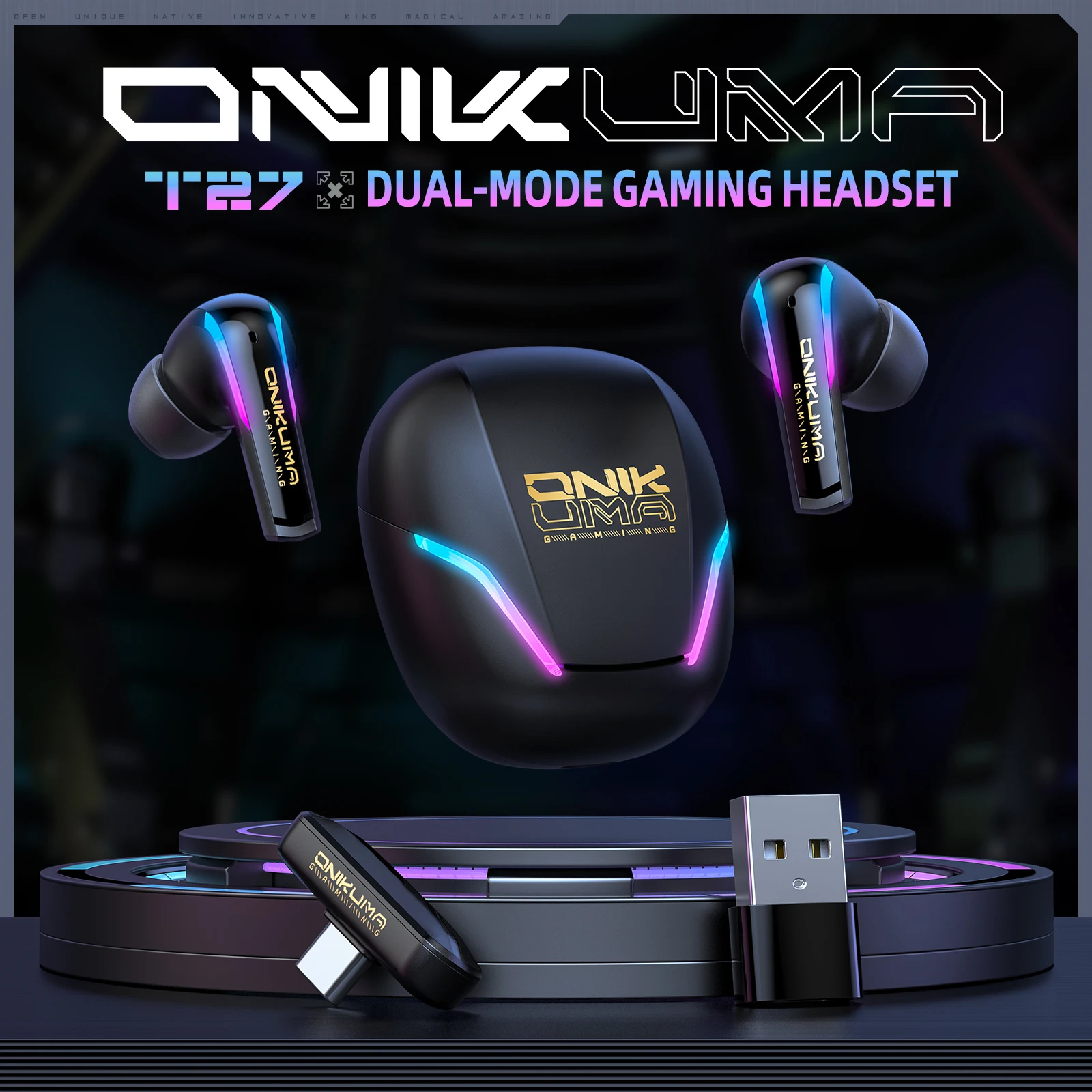 ONIKUMA T27 Dual-mode Earbuds Wireless Earphones 2.4Ghz Low Latency Gaming Headset with Charging Box Touch Control RGB Headset