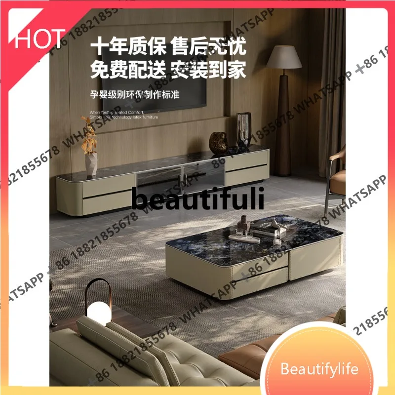

D07 Saddle leather marble TV cabinet coffee table Italian light luxury living room luxury stone rock slab floor cabinet