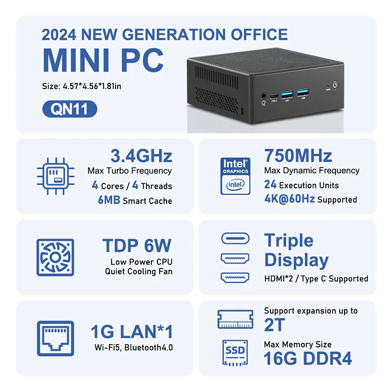 TexHoo Mini PC Intel N100 Windows 11 Pro suporta até 16 GB DDR4 2T NVME SSD USB3.2 Dual HDMI Desktop Gaming Computer