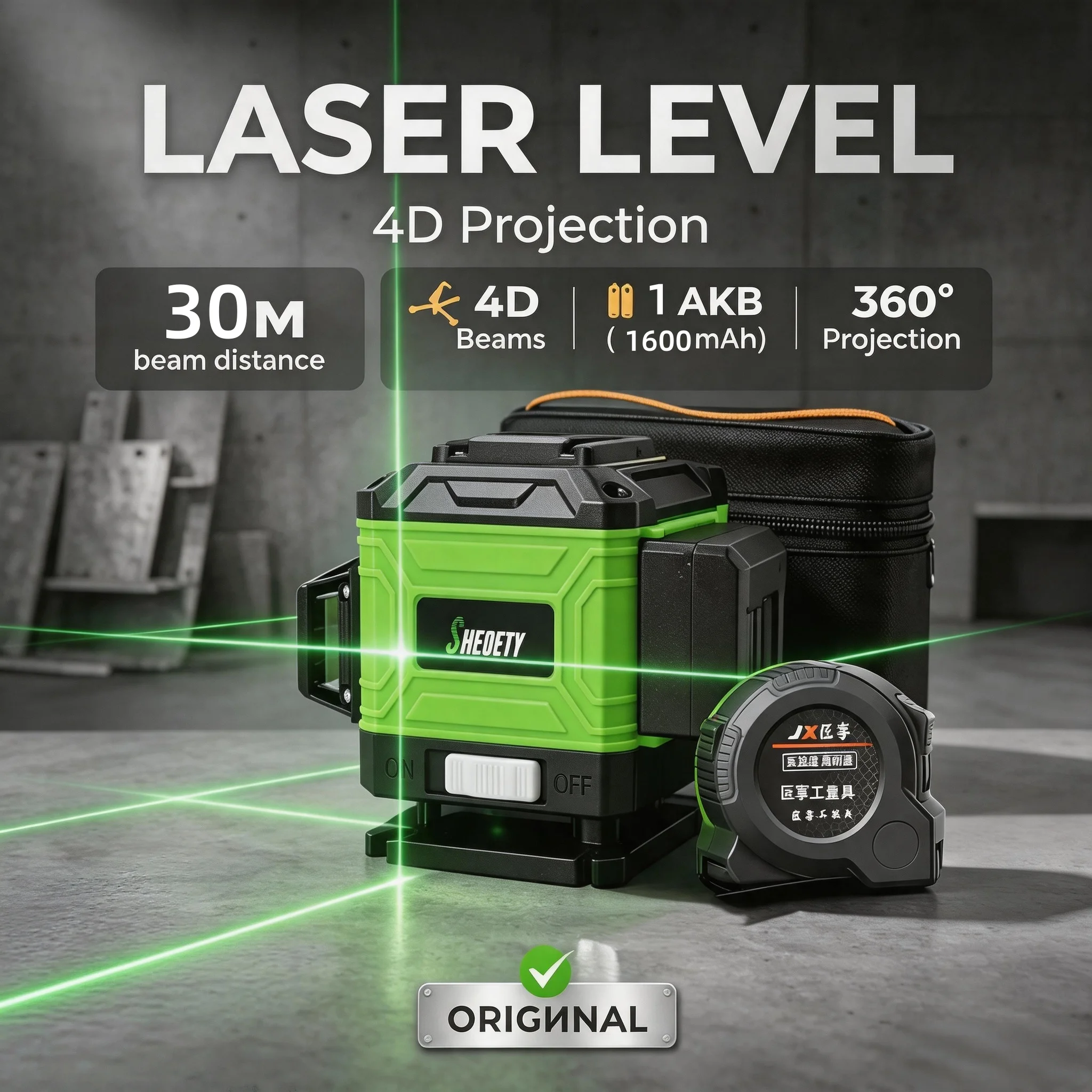 Niveau laser 4D à faisceau vert, 8 lignes, 360 °   Outil de traçage horizontal et vertical à auto-nivellement, batterie au lithium 1600 mAh, avec mètre ruban 3M, expédition rapide depuis l'entrepôt espagnol pour la construction et le bricolage