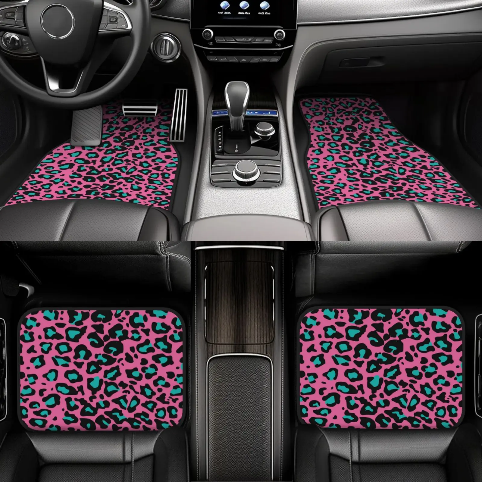 

Pink Leopard Print All Weather Floor Mats For Car SUV & Truck - 4 Pieces Set (Front & Rear), Heavy Duty Protection