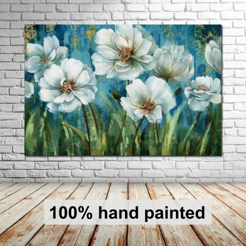 

Жирная текстурированная картина маки, ручная роспись, сине-белая цветочная картина маслом, современный большой холст для декора гостиной, ресторана