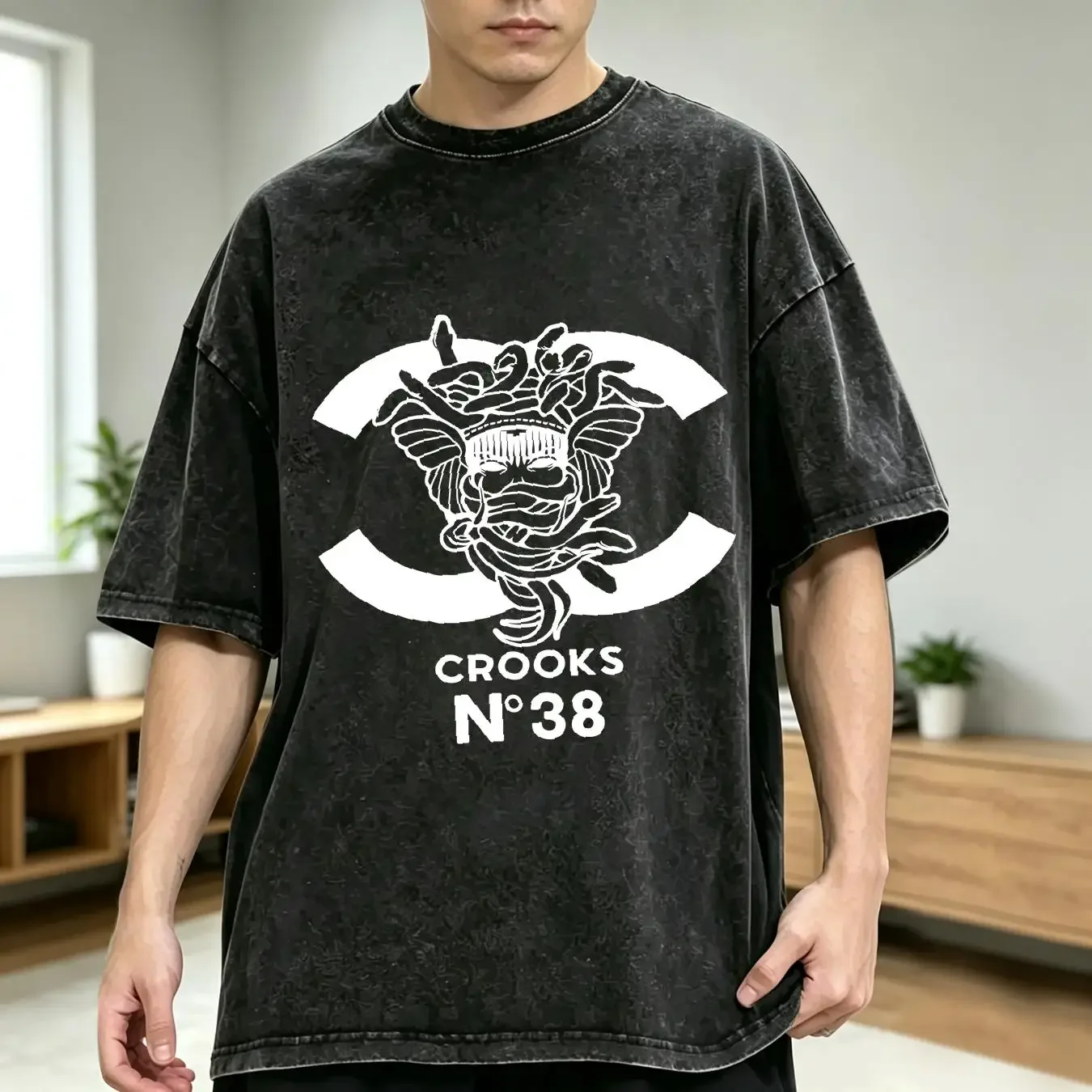 washed T Shirt Crooks Castles Men's Number 38 CC Black vintage Washed Unisex designer clothes Soft Stretched streetwear homme