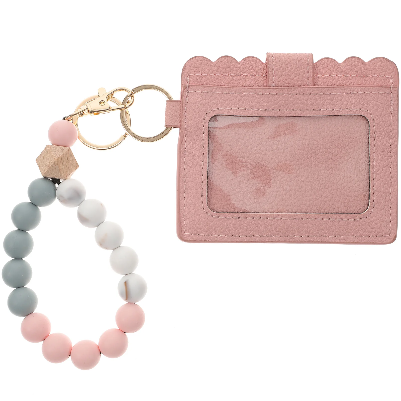 

Bracelet Cards Holder Keychain Wooden Beads Design with Id Card Pouch Portable Compact Lightweight Smooth Hand Feeling Beaded
