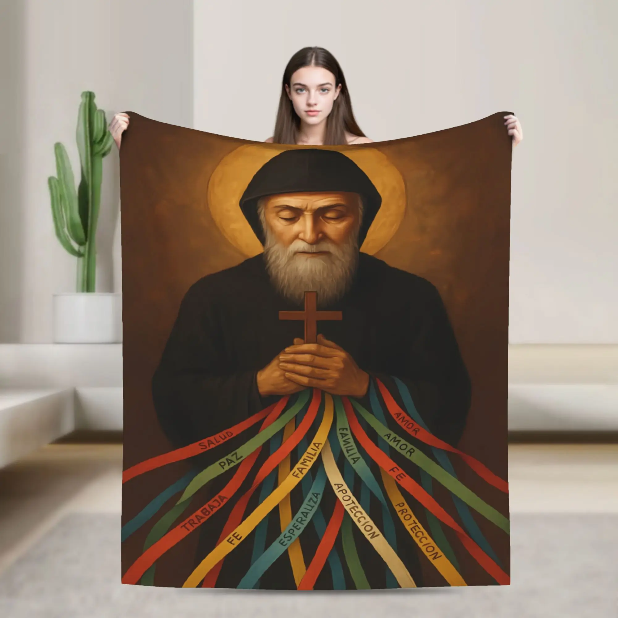 Stunning Saint Charbel Stained Glass Portrait Blanket  Travel Flannel Throw Blanket For Couch Chair Super Soft Bedspread Gift