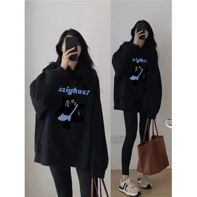 Navy Blue Sweatshirt Women, Loose Fit, Autumn And Winter, Plus Size, Fleece-Lined, Thick, Hong Kong Style Chic, Versatile,