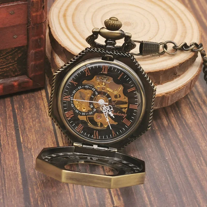 Men's Mechanical Pocket Watch Fashion Casual Hollow Unique Polygon Dial Hand Winding Mechanical Bracelet Watch