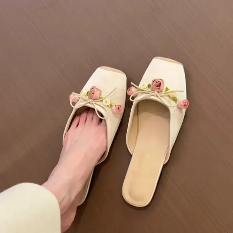 Satin Flower Slippers Women 2024 Summer Non-slip Casual Slide Comfy Light Fashion Ethnic Style Sandals Flat Floral Mule Shoes