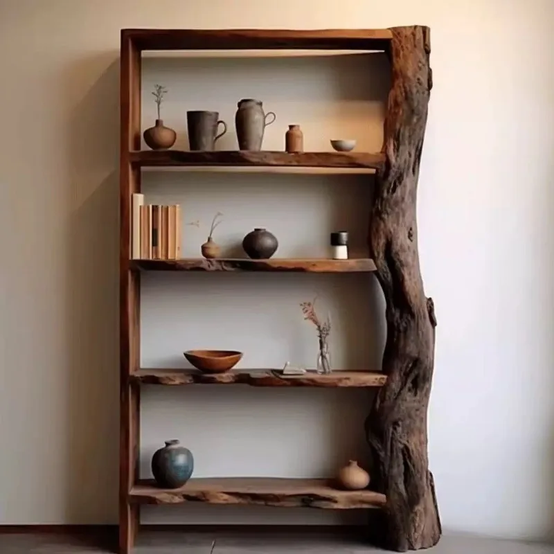 

New Chinese Old Elm Floor-to-ceiling Multi-layer Porcelain Tea Set Collection Decoration Shelf Bookshelves