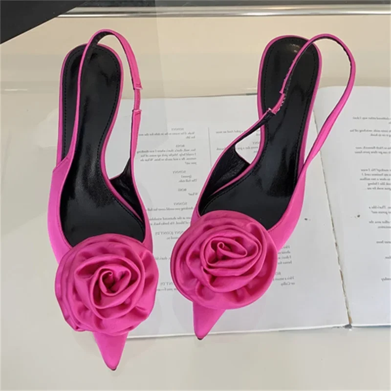 Eilyken Sexy Silk Slingback Pointed Toe Women Pumps Fashion Design Flowers Thin High Heels Banquet Prom Shoes