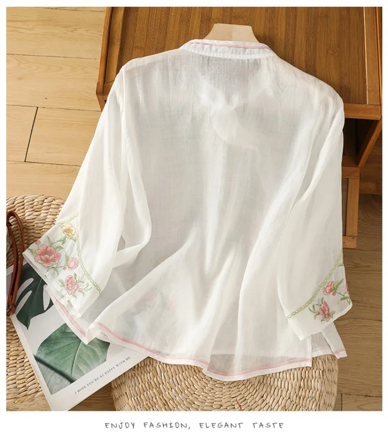 Cotton Linen Women\'s Shirt Summer Embroidery Chinese Style Blouses Trend 2024 Loose Clothing SALES Vintage Short Women Tops