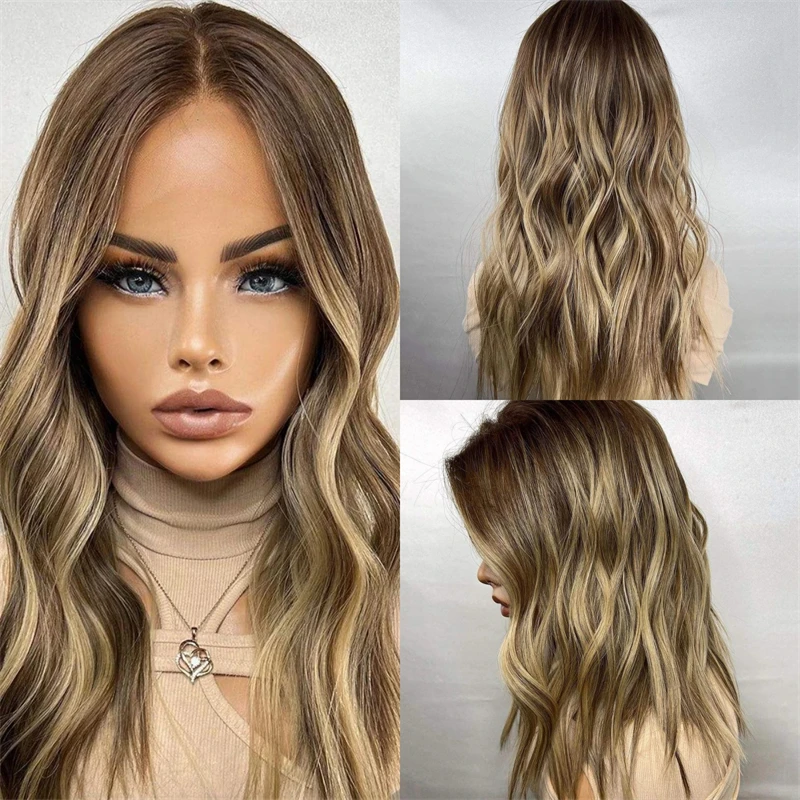 

Синтетический парик с омбре-эффектом, коричневый с блондными прядями, HD-кружево, без клея, для женщин, термостойкий, из волокна.