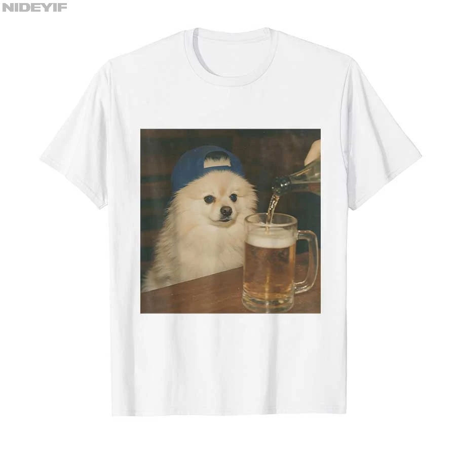 Vintage Pomeranian Drinking Beer Funny Dog Meme T-shirt For Men Women  T Shirts Short Sleeve Tops