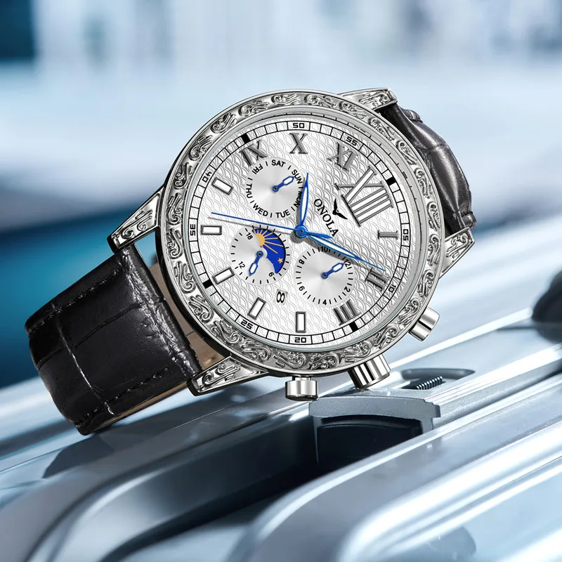 2023 New Brand Mechanical Automatic Vintage Watch for Men Dress Leather Luxury ONOLA Moon Phase Chronograph Character Watches