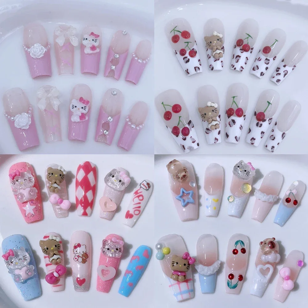 Sanrio-impresión francesa hecha a mano para uñas, Hellokitty, rosa blanca, cereza, chica, puntas de uñas usables, ataúd largo, uñas postizas cuadradas, regalo