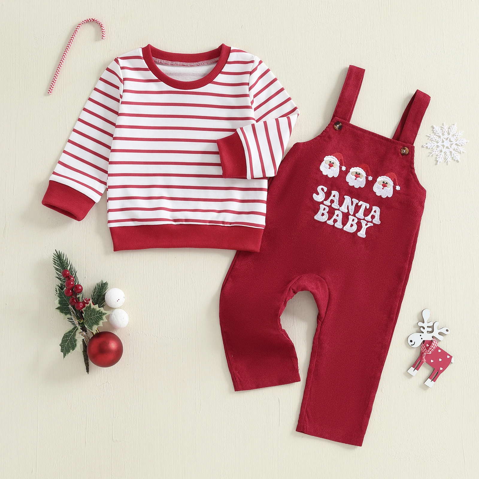 

Toddler Baby Christmas Outfits Stripe Print Long Sleeve Pullover Tops + Letter Embroidery Overall Pants 2 Pieces Set for 0-4Y