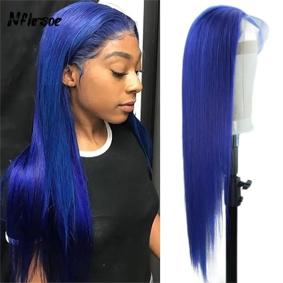 Highlight 13X4 Transparant Lace Frontale Pruik Blauw Gekleurd Recht Kant Front Pruik Lijmloze Pruik Menselijk Haar Voor Vrouwen Pre Geplukt