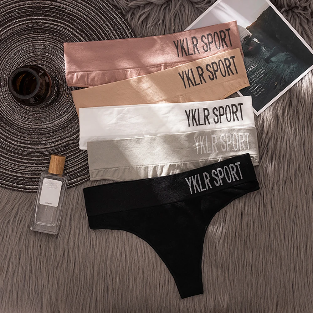 Women\'s Underwear Sexy Sports Fitness Wide-waist Panties Letters Cotton Crotch Seamless Thong Pure Color G String Underpants