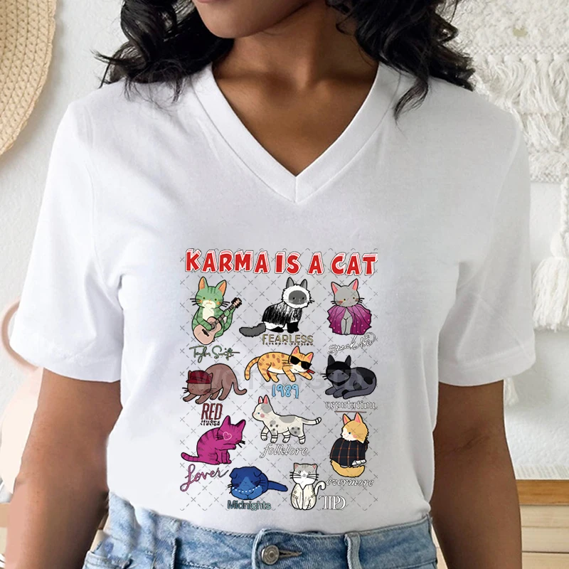 Karma Is A Cat Shirt V-neck Women's Clothing Cartoon Animal Midnights Retro T-shirt Cats Lover Tee Karma Cat Classic T-shirts