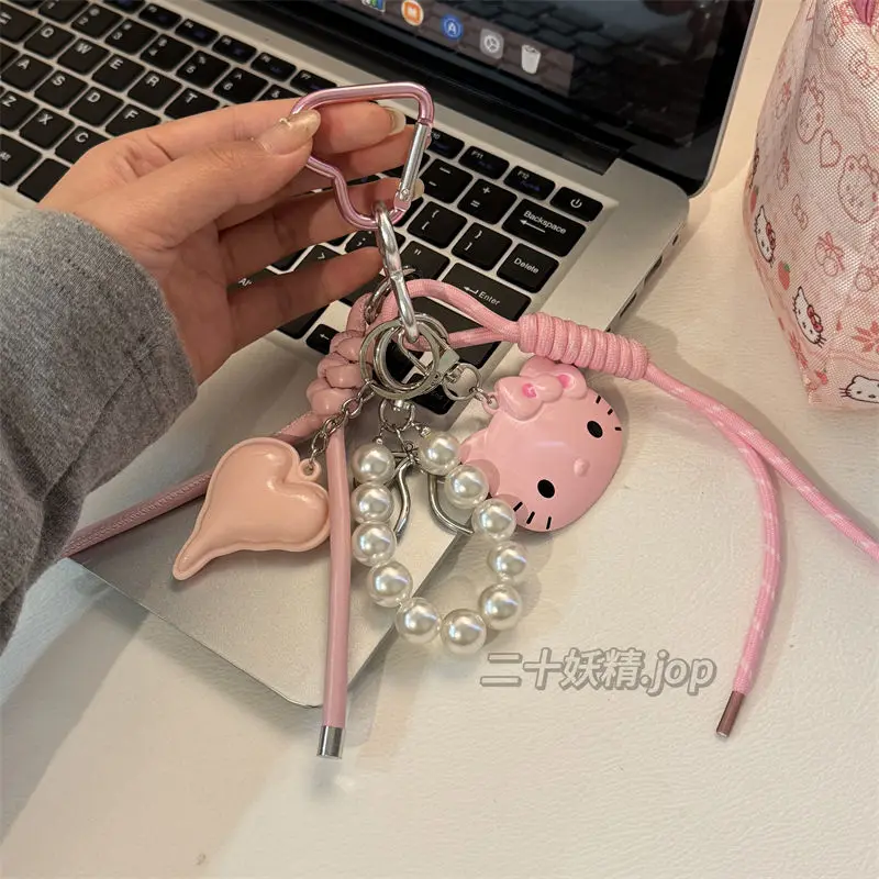Hallo Kitty hausgemachte Schlüsselanhänger Leder Mädchen Anhänger Tasche geflochtenes Seil Lanyard Schlüsselanhänger Anhänger Zubehör Geschenk für Rucksack Taschen