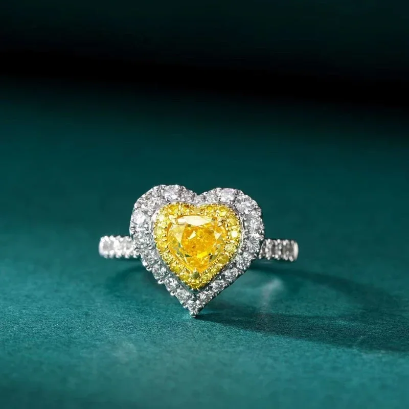 Anillo de oro de 18 quilates con forma de corazón, diamante amarillo de 1,6 quilates para mujer, alianzas de boda, bonito regalo de compromiso romántico