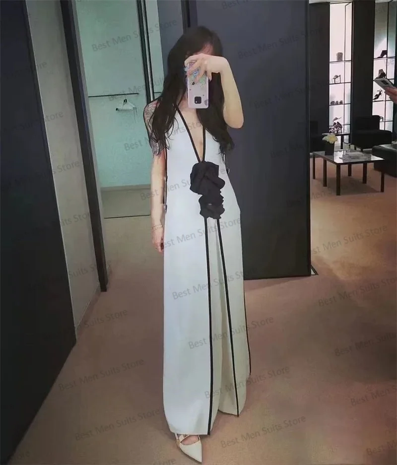 Elegant White Women Suits Set For Wedding Long Blazer+Pants 2 Pieces Bow Party Prom Dress Gown Sleeveless Jacket Custom Made