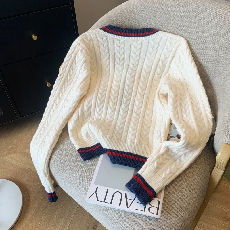 Autumn Winter Women Preppy Style Cardigan Sweater Old Money V-Neck Knitwear Embroidery French Vintage 2000s Aesthetic Thick Cute