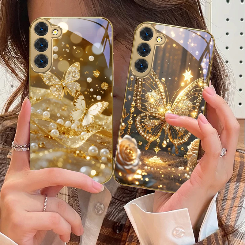 Goldene Landschaft für Samsung Galaxy S20 FE S21 S22 S23 Plus S24 Ultra 25Ultra S21+ S9+ S22Plus Goldene Glas-Telefonhülle