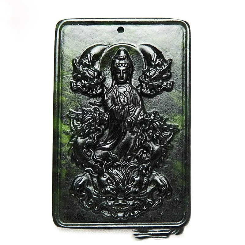 Natural Dark Green Jade Jiulong Guanyin Pendant Men's Safe Joker Pendant