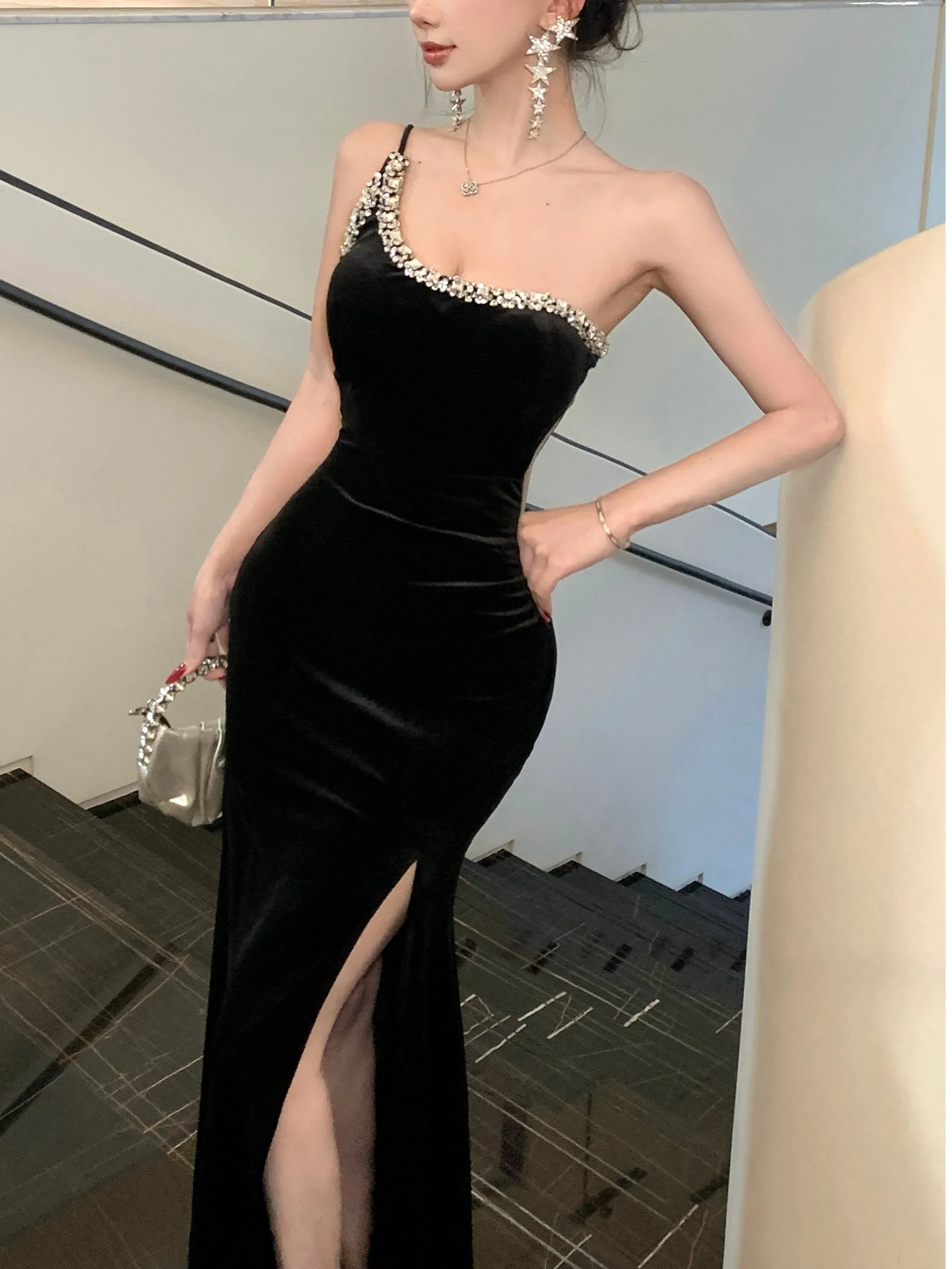 

Элегантное женское платье-русалка с бриллиантовым декором, высококачественное, легкое, роскошное, с разрезом, длинное, для KTV-вечеринок