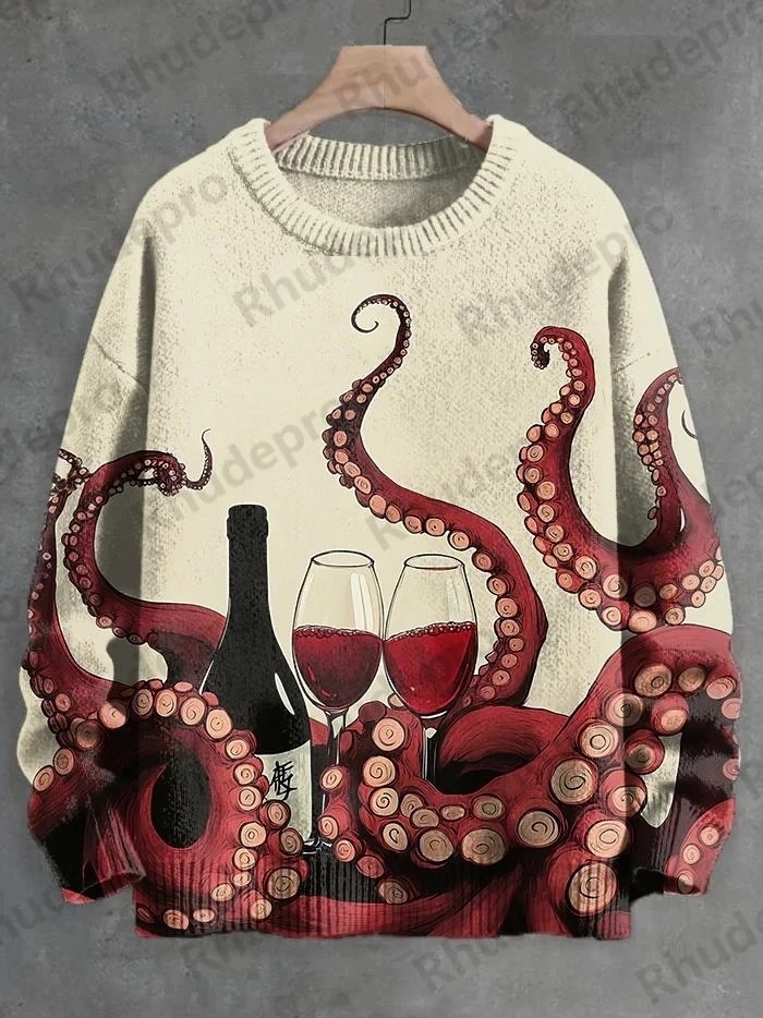 Men's Whale And Fish Linoleum Art Print Knit Sweatshirt Pullover Sweater Women For Men Sweater Roupas Masculinas
