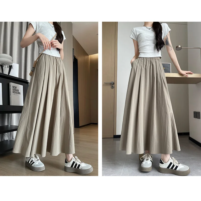 

Women's Skirt2025New Summer High WaistaFlattering A-Line Pleated Long Skirt for Petite Women in Apricot Color Yamamoto Style