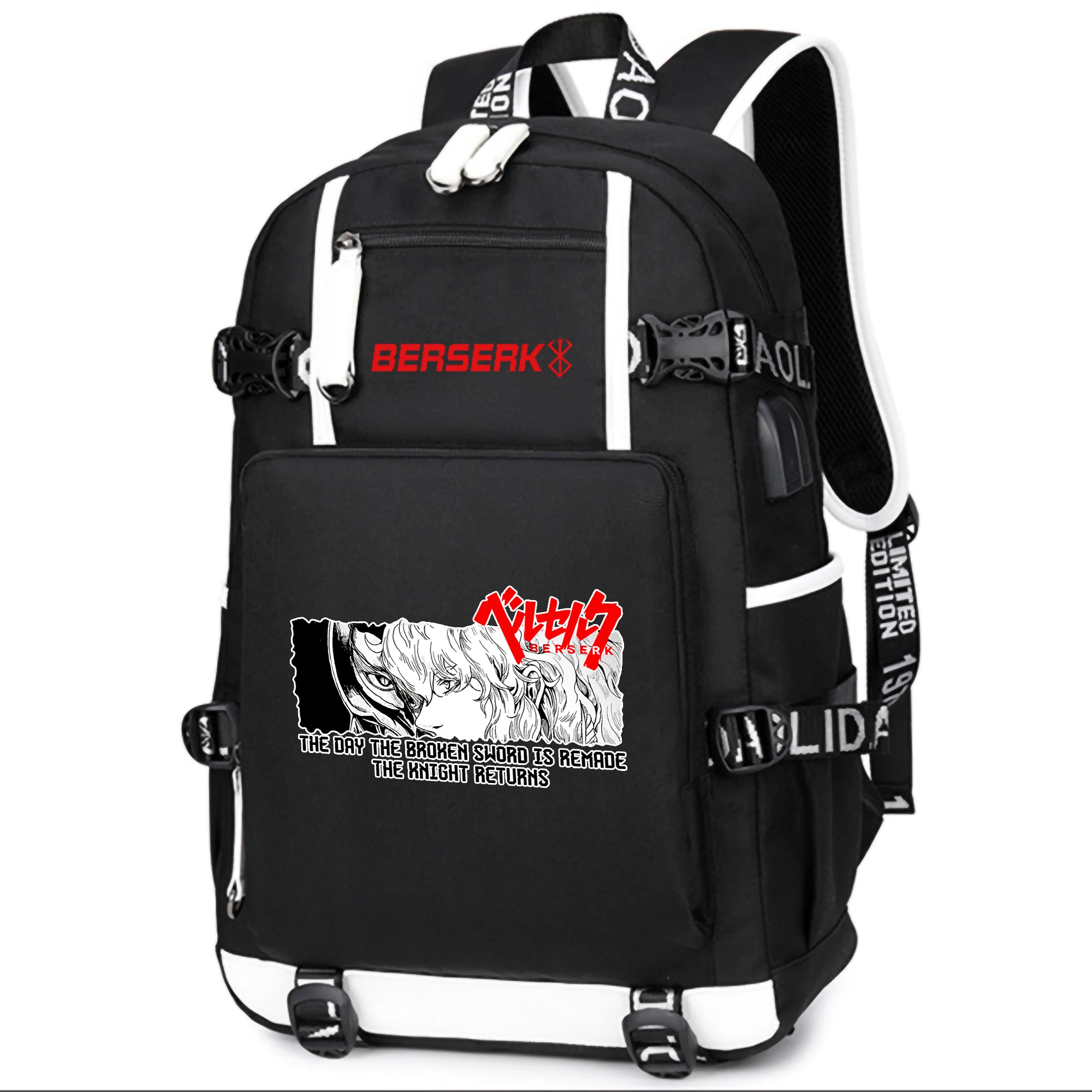 Cartoon Berserk Students School Bags Boys Oxford Bookbag Laptop Backpack USB Charging Port Anime Shouler Bags Travel Daypack