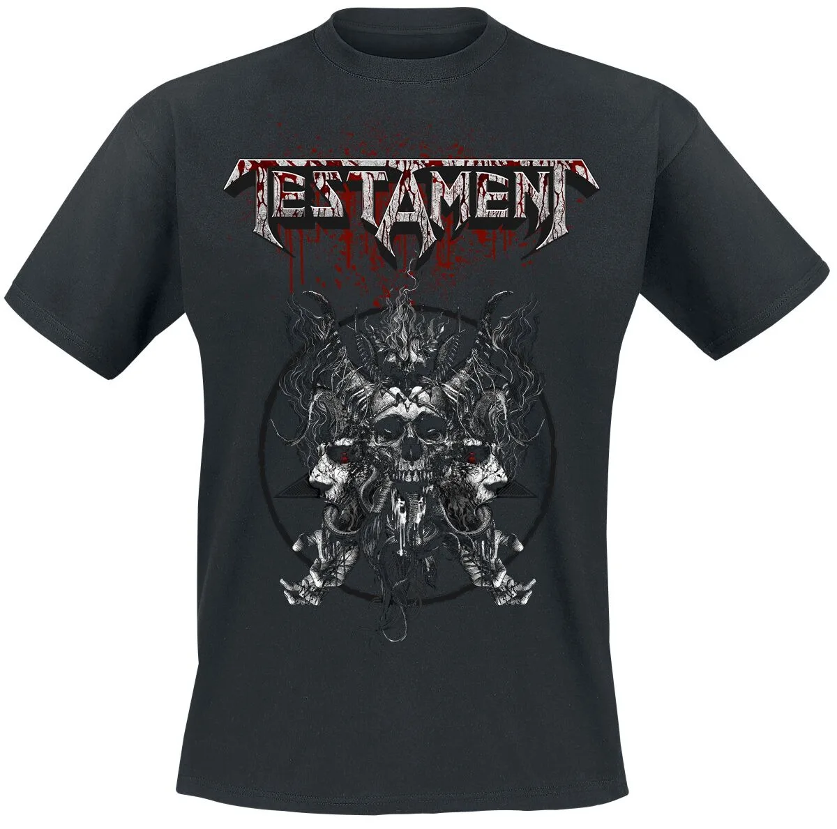 Testament Blood Skull Tee, Thrash Metal T-Shirt with Bloody Logo & Triple Skull Art, Testament Double-Sided Fan Merch