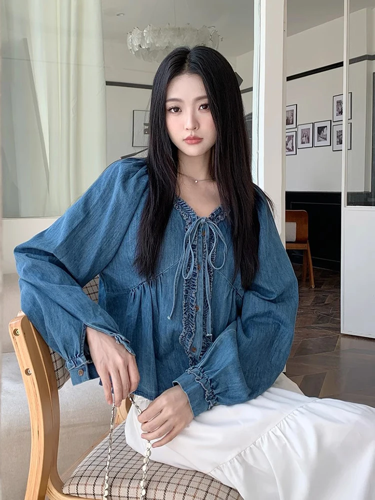 

Chic Vintage Spring Loose Long Sve V-Ne Splice Wooden Ear Women's Denim irt Korean Sle Commute Regular Length