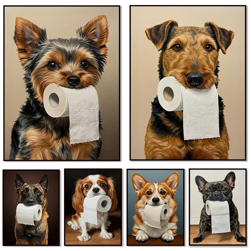 Animals holding toilet paper rolls, bulldog, poodle, Rottweiler, corgi, German shepherd, aired terrier toilet decoration poster