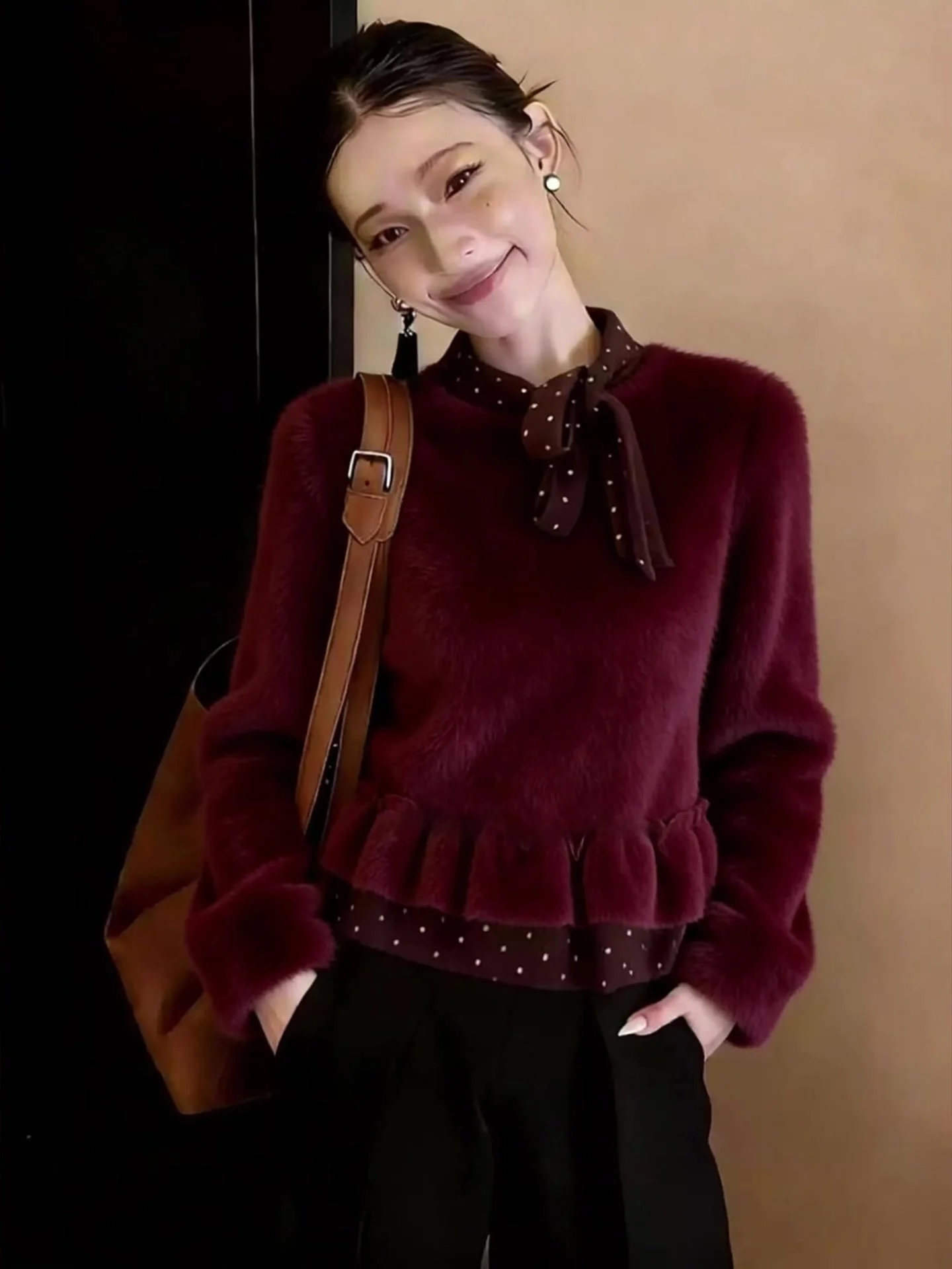 

Ele Women's Long Sve Blouse Knot Tie Design Winter New Red Color Commute Sle Korean Version Straight Cut