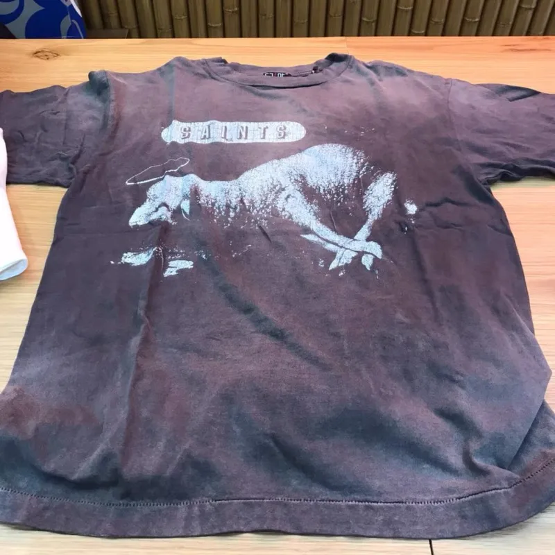 Summer Y2K Street Men Women Saint Tshirts Viantge Wahsed Old Graffiti Sheep Lion Print Short Sleeve Tops Loose Cotton T Shirts