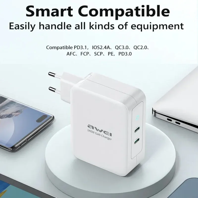Pengisi Daya Ponsel Awei PD22 140W GaN Pengisi Daya Cepat Output USB C Pengisi Daya Cepat Tipe C Ganda 3A/5.2V untuk Ponsel IOS /Android