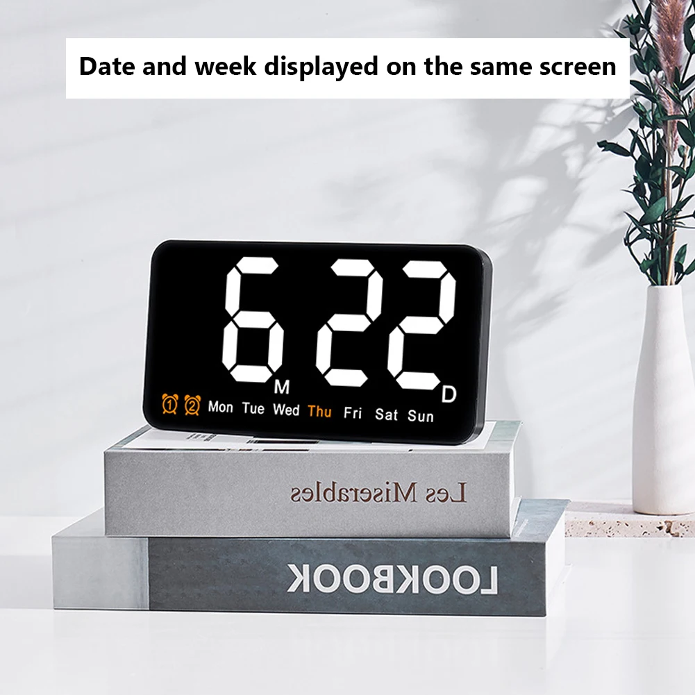 12/24H Digital Wall Clock Date/Week/Time Large Display Adjustable Brightness Alarm Clock Desk Clock (21.5x11x3cm)