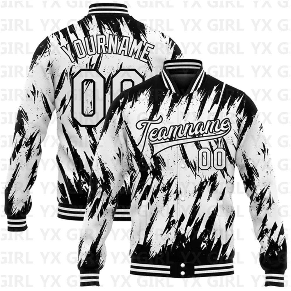 Custom White Black 3D Pattern Design Bomber Full-Snap Varsity Letterman Jacket 3D Baseball Button Jacket