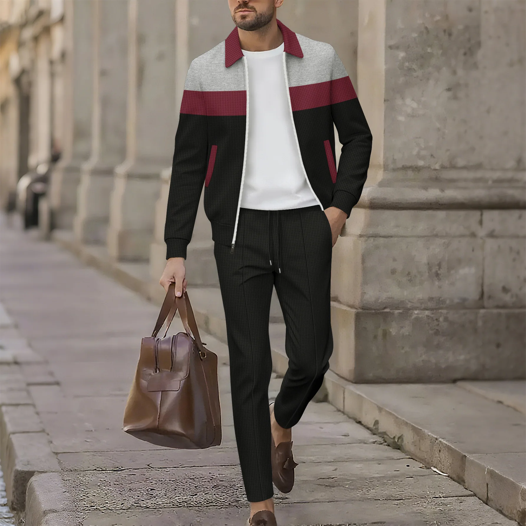 Men's Color-Block Collared Jacket Multi-Color Striped Zipper Top with Long Pants Business Casual 1/2Pieces