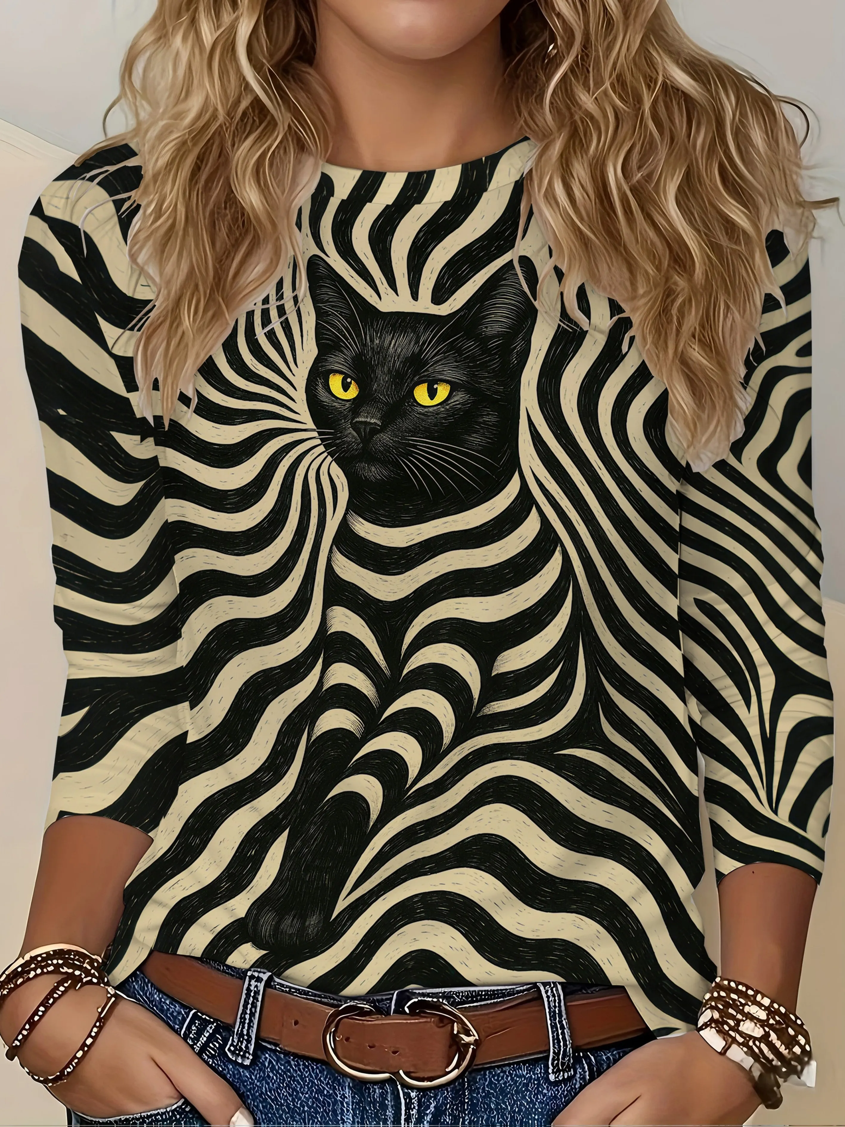 Women T‑Shirt Long Sleeve 3D Black Cat Swirl Stripe Print Tee Casual Street Female Wear Daily O‑Neck Fashion Top Women's Clothes