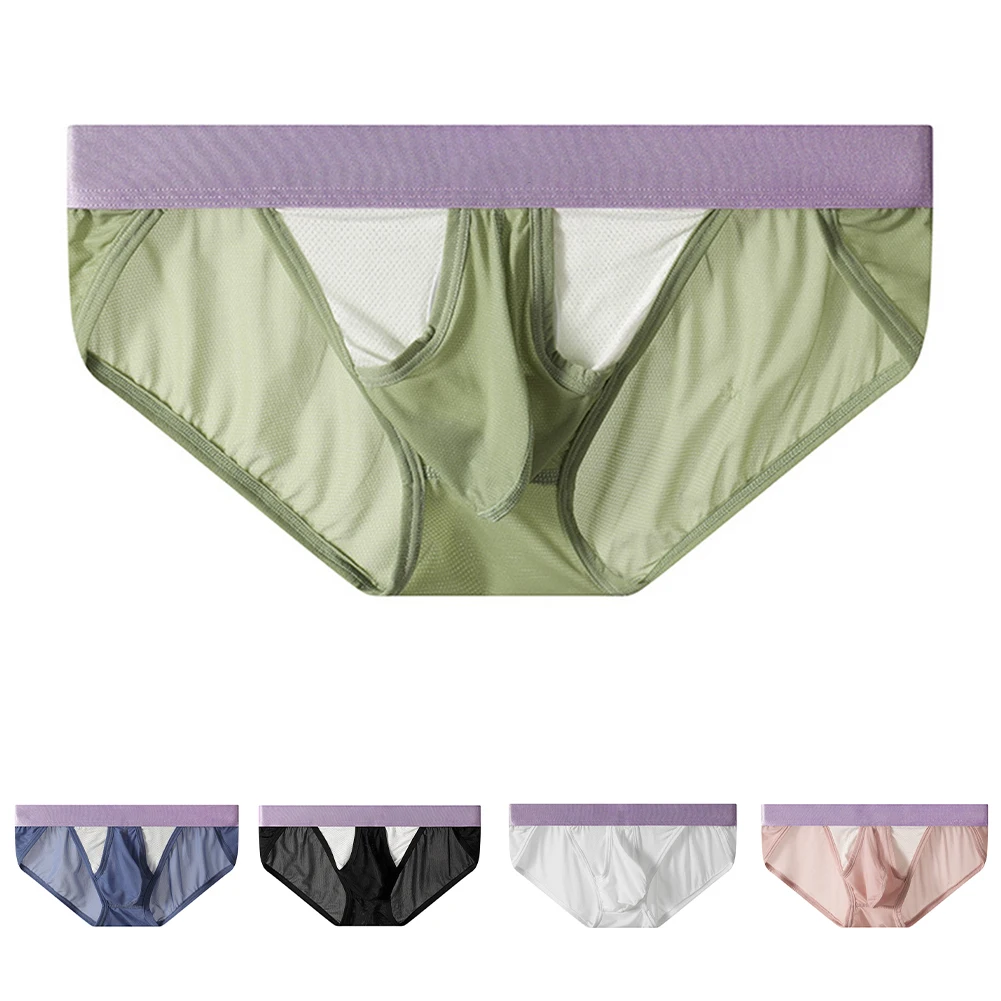 

Men U Convex Color Matching Panties Breathable Pouch Ice Silk Briefs Underwear Male Erotic Underpants
