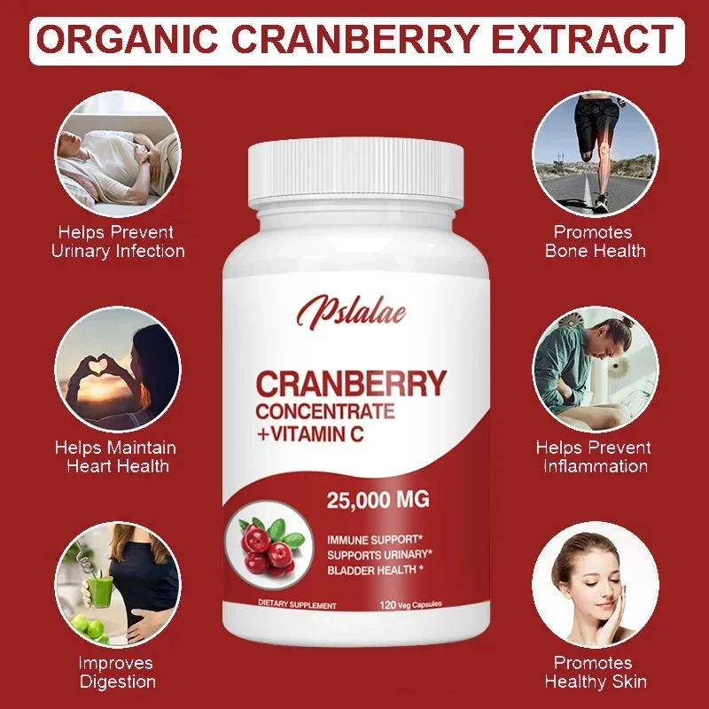 Natural Organic Cranberry Extract (25,000 Mg) (120 Capsules) Prostate Support with Vitamin C and Vitamin E To Aid Urination