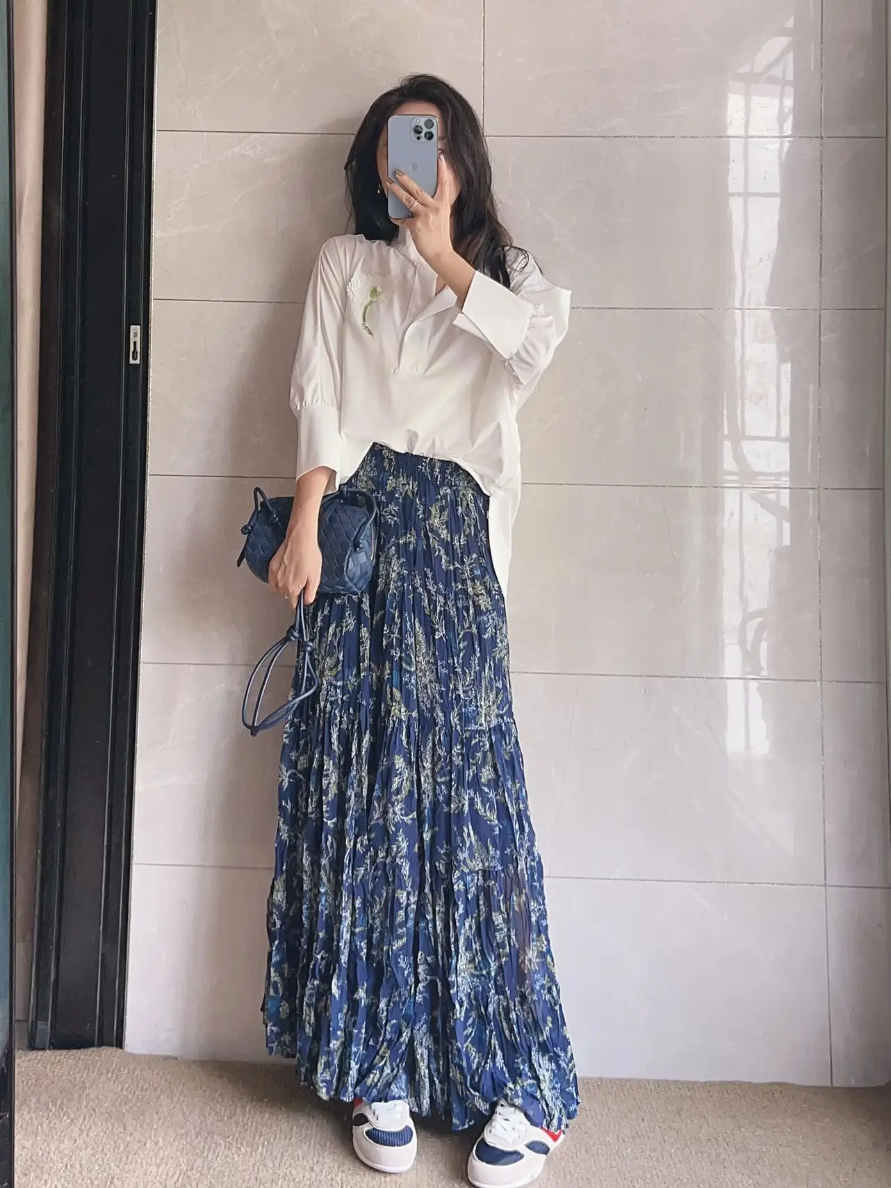 

Романтичная синяя юбка с цветочным принтом, завышенной талией, утягивающая, летняя, полной длины, О-образная, из полиэфирного волокна, для женщин