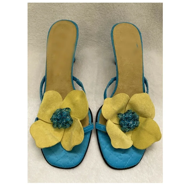 

Blue Flower Slip On Sandals Round Toe Cut Out Fashionable Sexy Cool 2024 Summer Big Size Woman Shoes Zapatillas Mujer