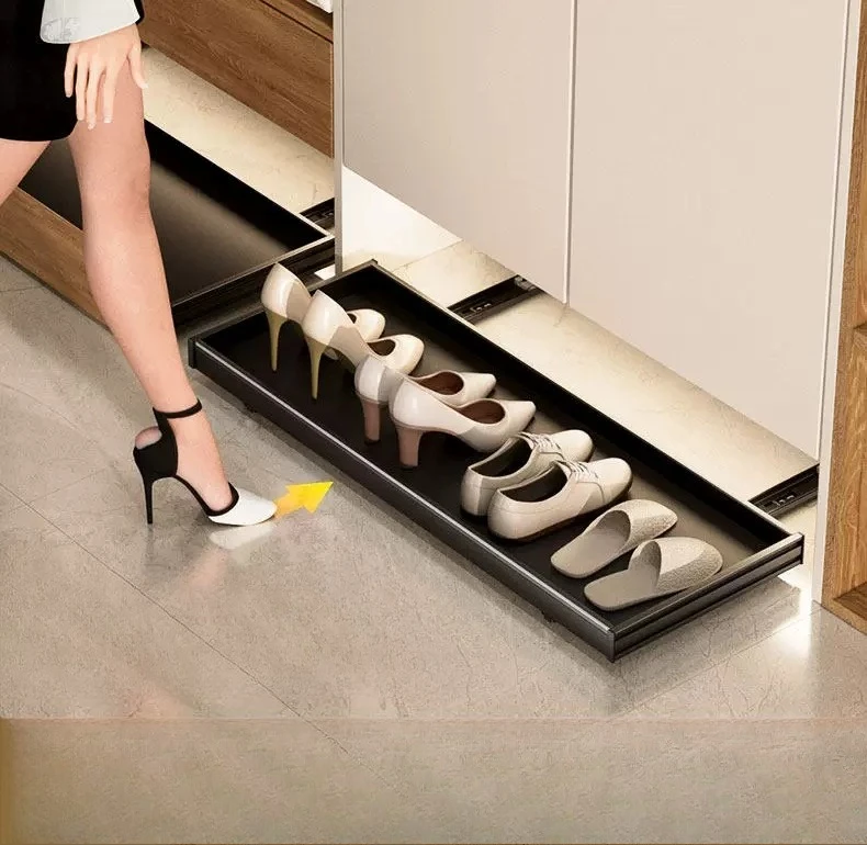 Kick Drawer Under Shoe Cabinet Bottom Multi Functional Pull Out Storage Tray With Push Open Slide For Entryway Home Organizer
