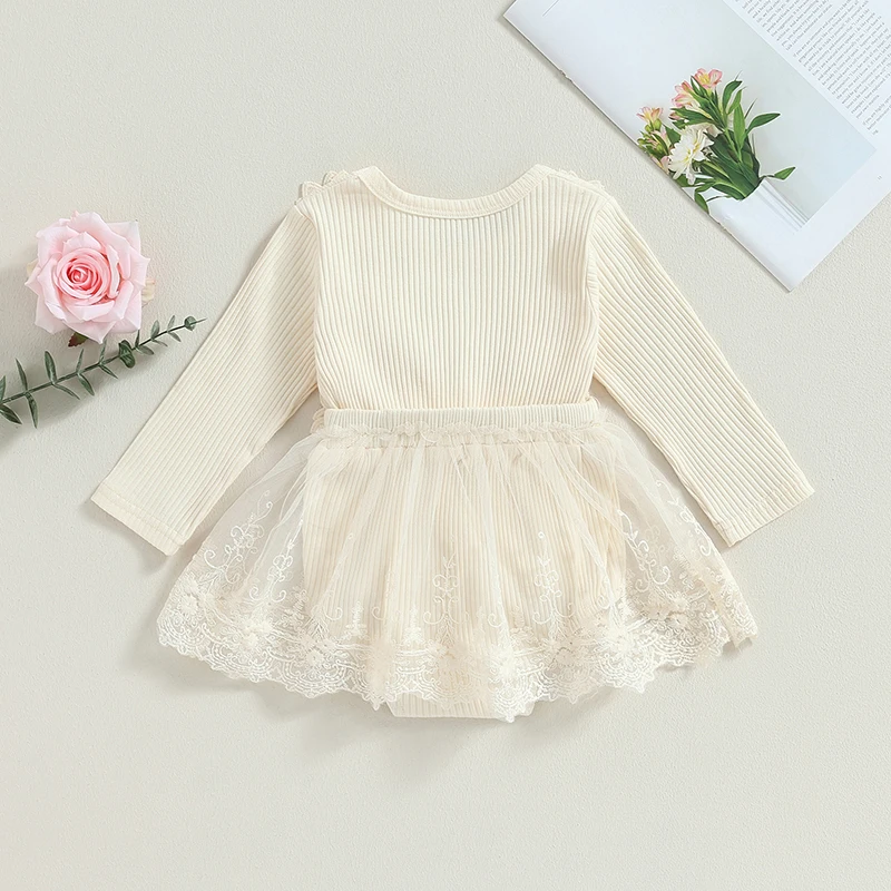 Infant Girls Floral Lace Romper Dress with Long Sleeves Crew Neckline and Tulle Bow Detail - Perfect for Daily Wear and