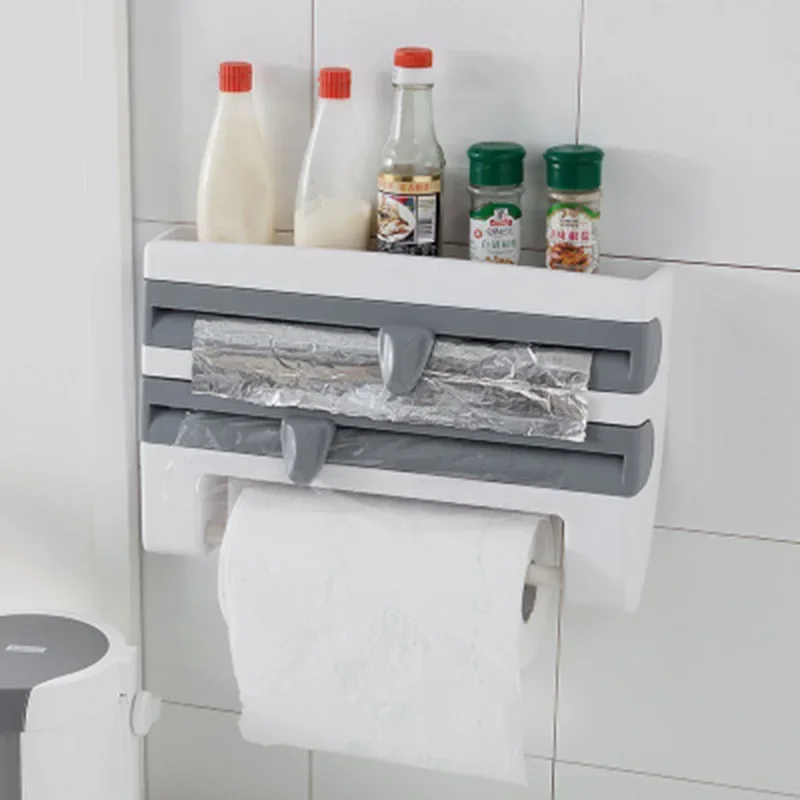 Multifunction Kitchen Organizer Wall-mounted Tin Foil Storage Rack Preservative Film Dispenser Sauce Roll Paper Storage Box